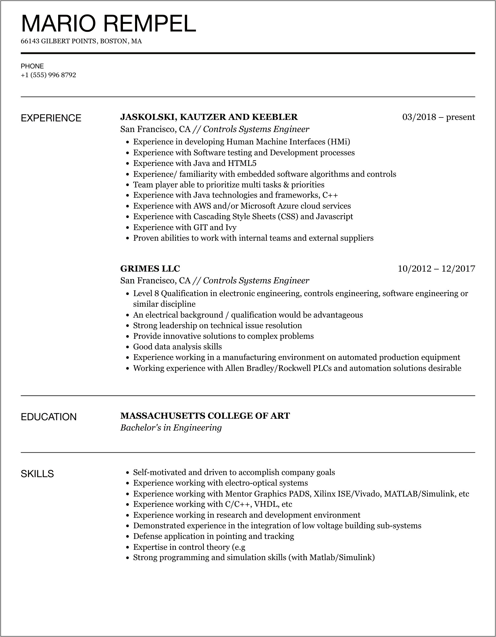 Control System Engineer Resume Example