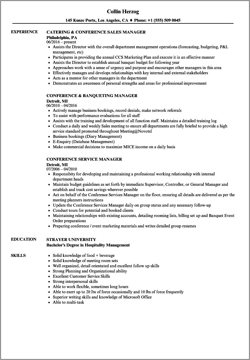 Convention Services Manager Resume Objective