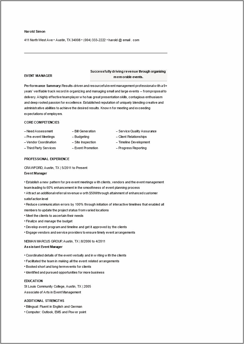 Convention Services Manager Resume Rese