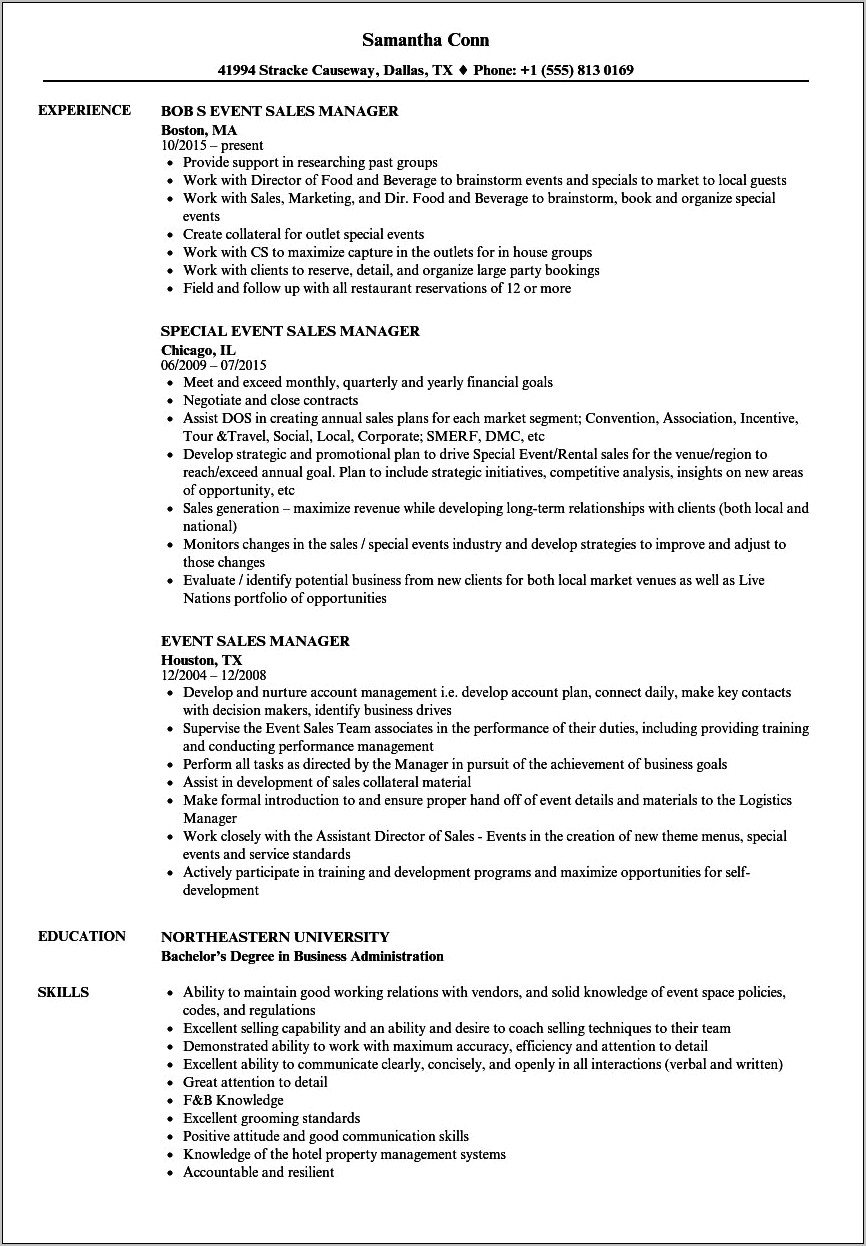 Convention Services Manager Resume Sample