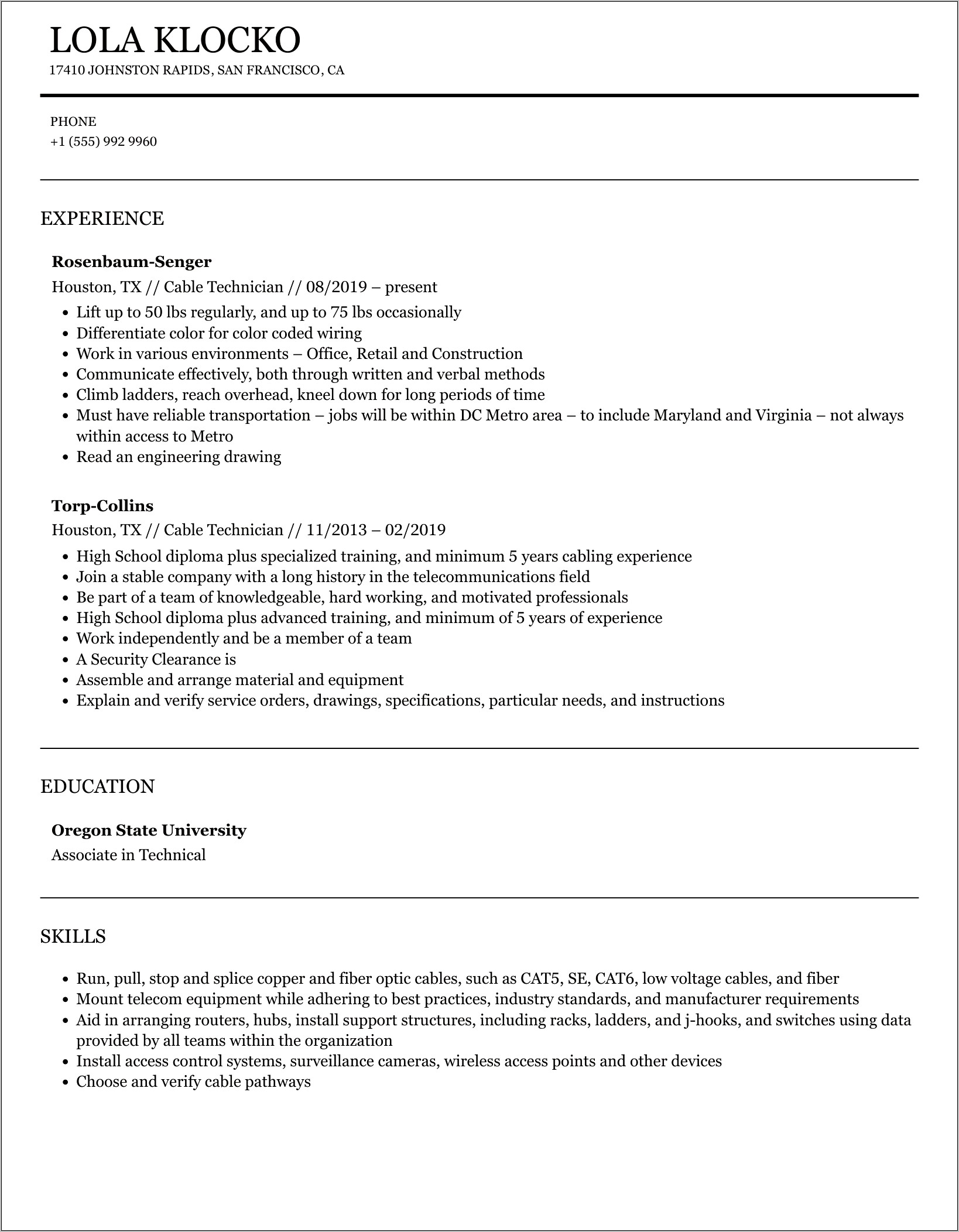 Copy Cable Technician Resume Examples