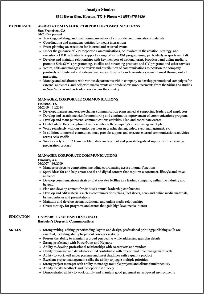 Corporate Communication Manager Resume Sample