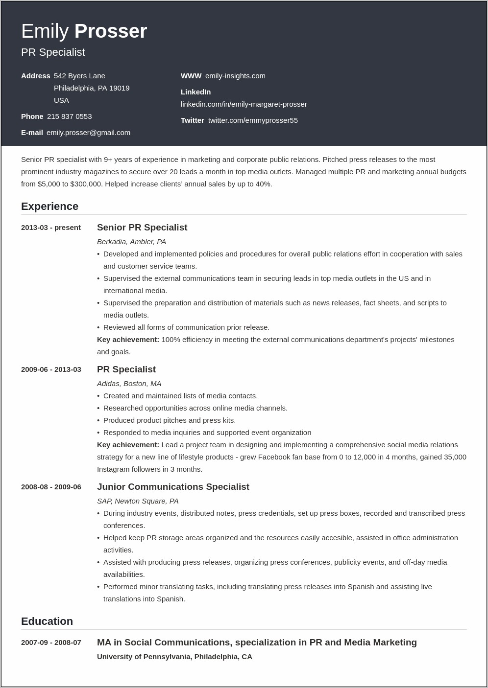 Corporate Communications Specialist Resume Sample