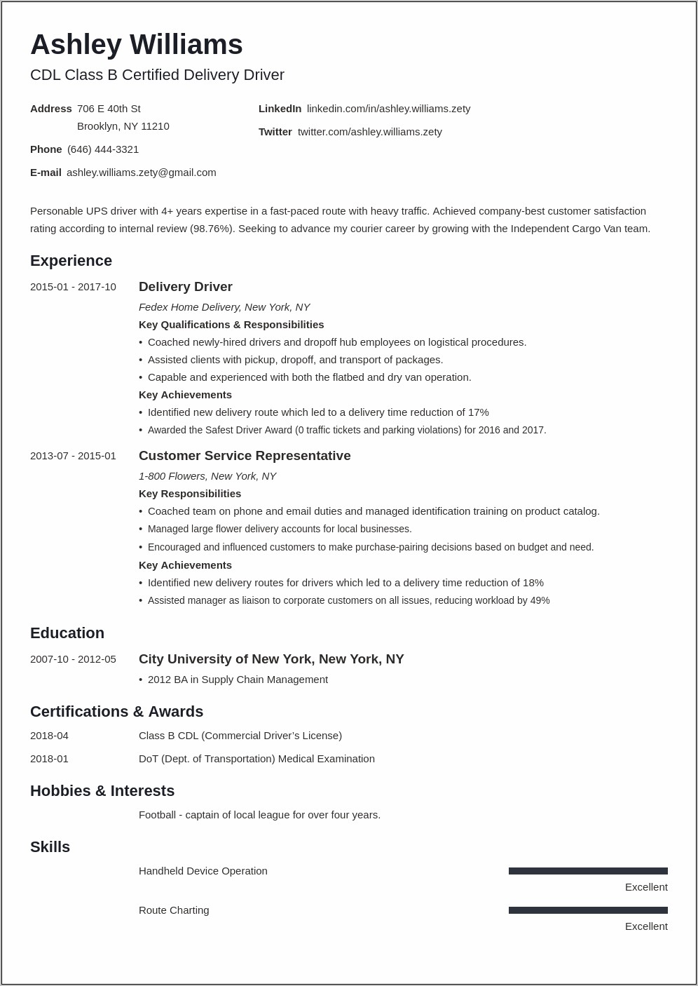 Courier Delivery Driver Resume Sample