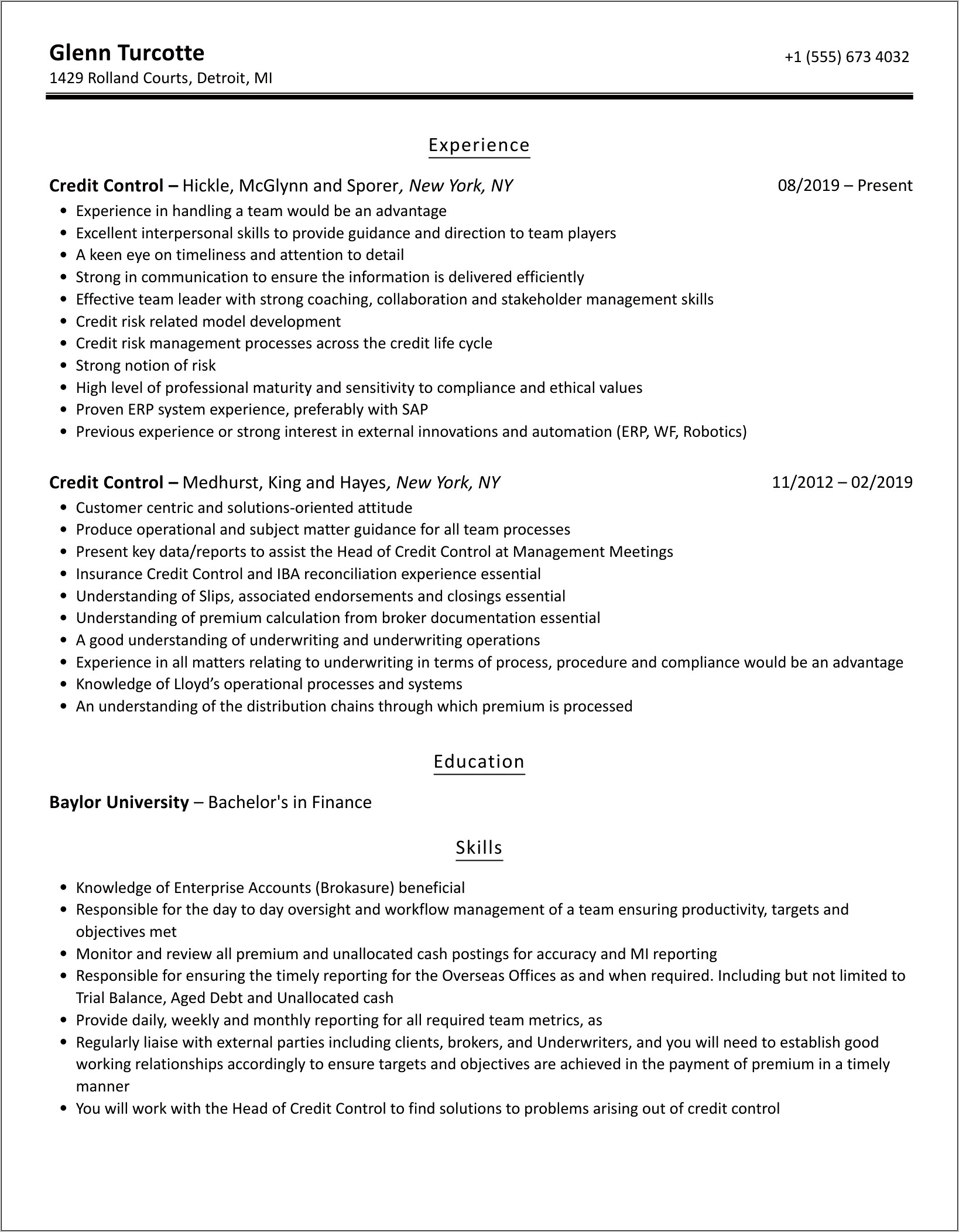 Credit Control Job Description Resume