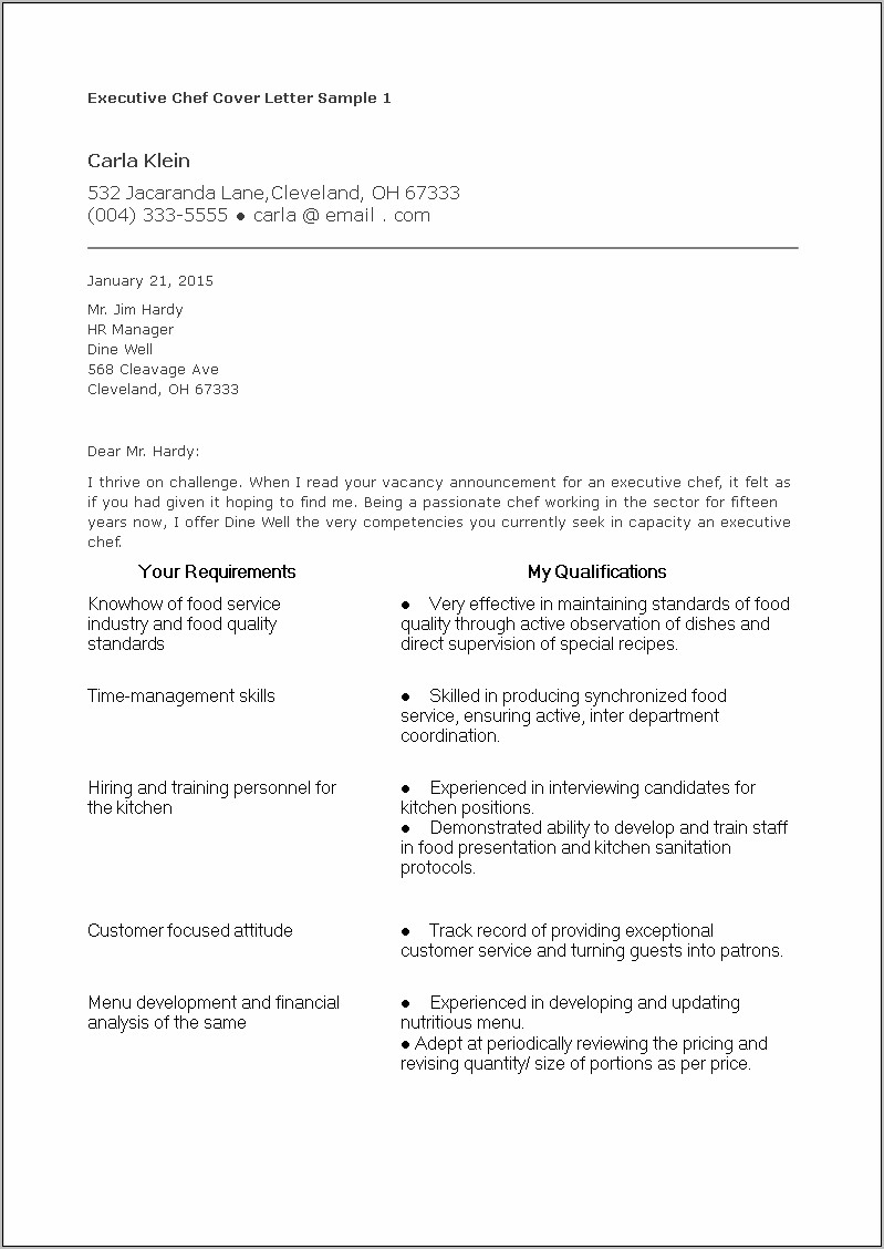 Culinary Resume Cover Letter Sample