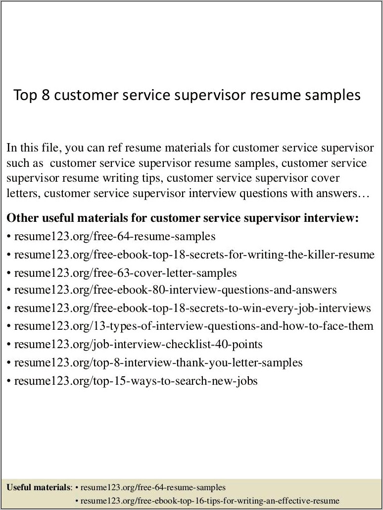 Customer Experience Supervisor Resume Sample