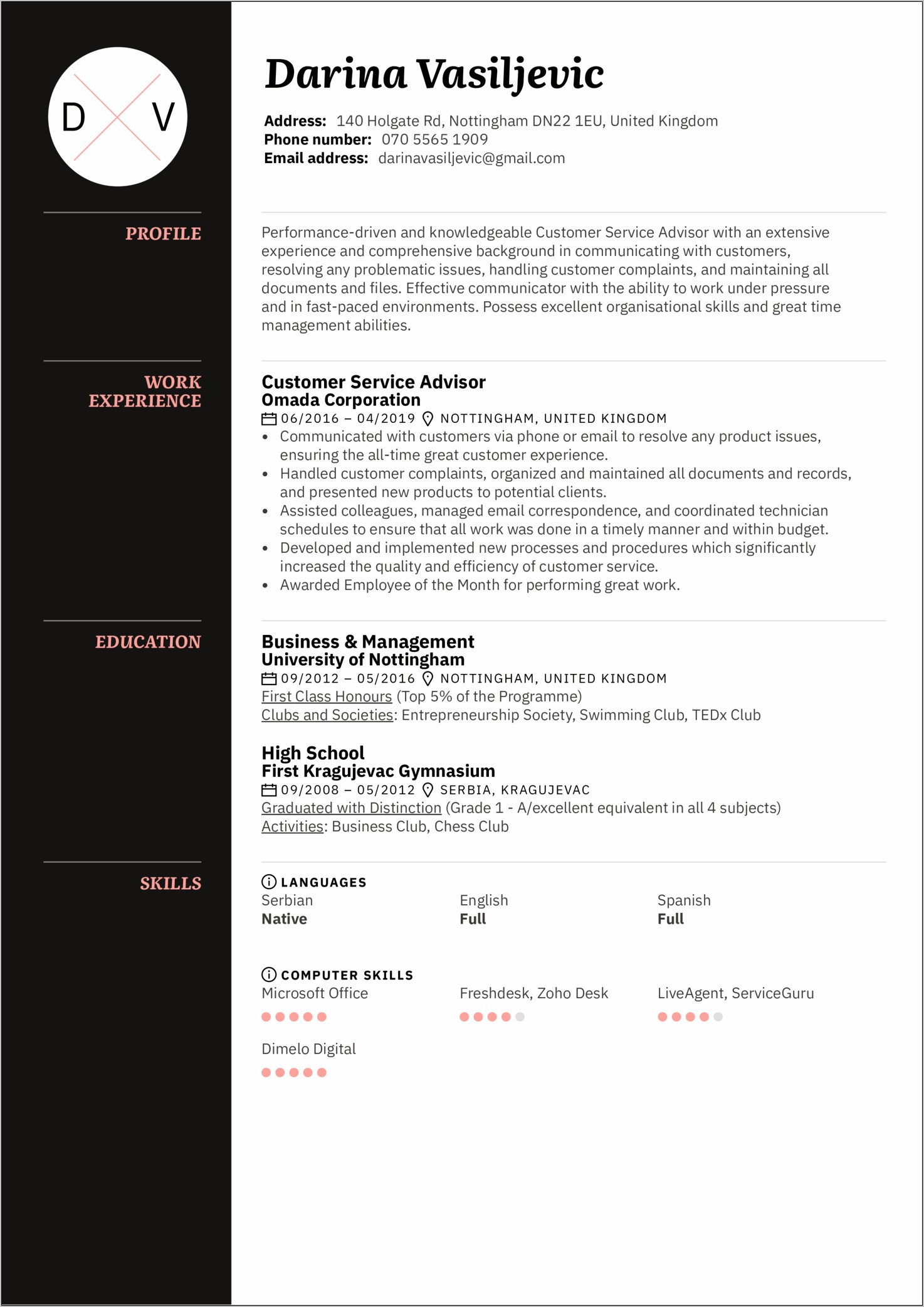 Customer Service Advisor Sample Resume