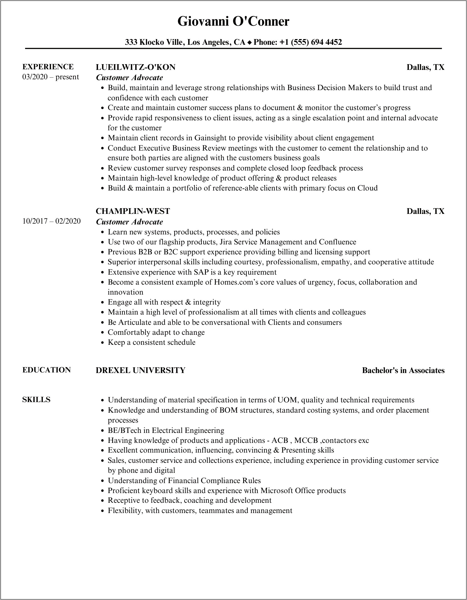 Customer Service Advocate Resume Examples
