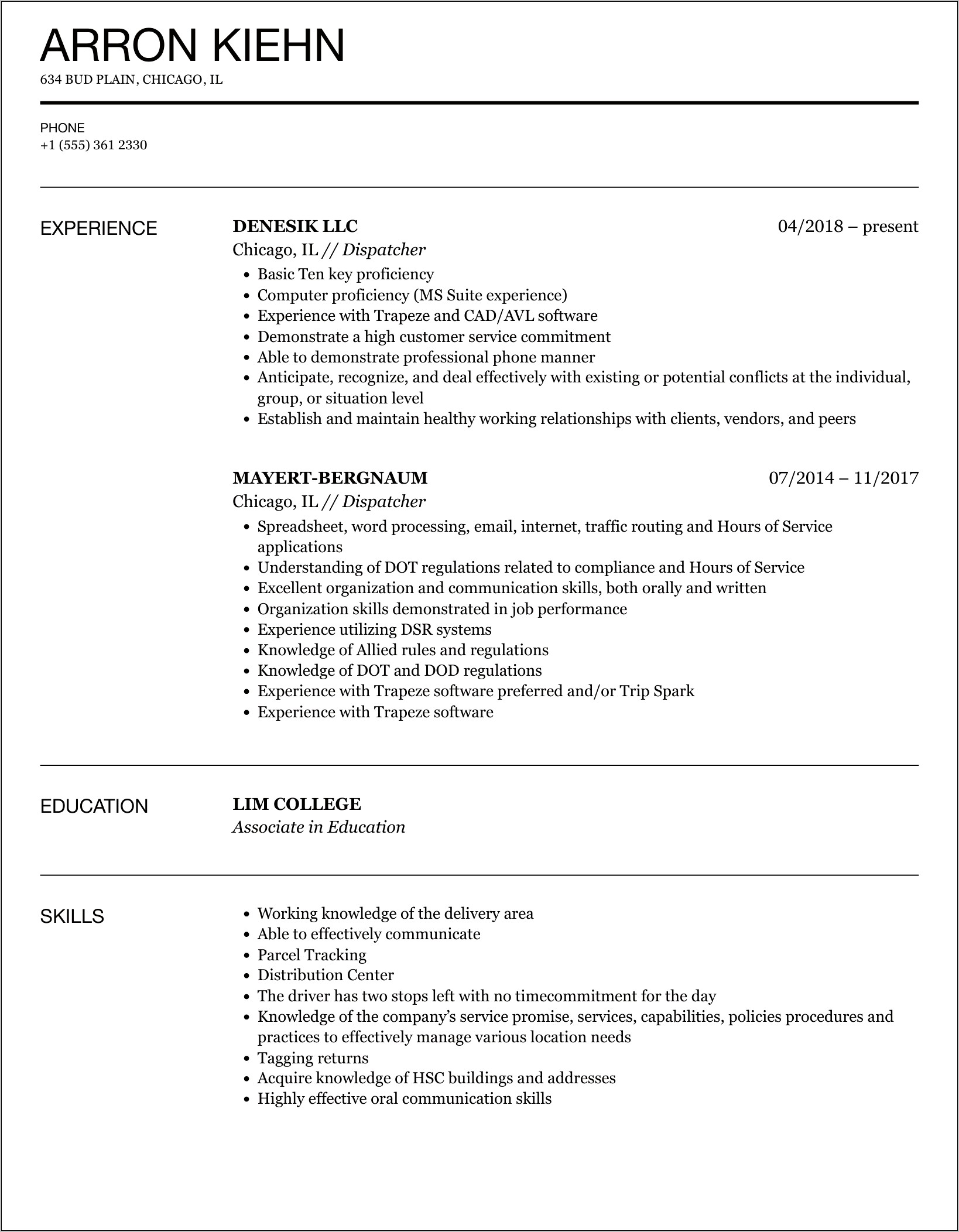 Customer Service Dispatch Resume Examples
