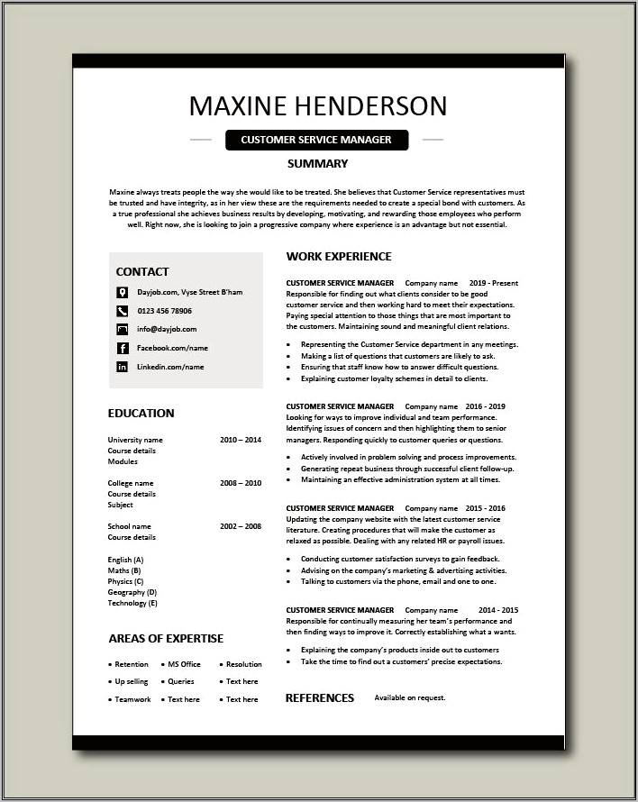 Customer Service Manager Experience Resume