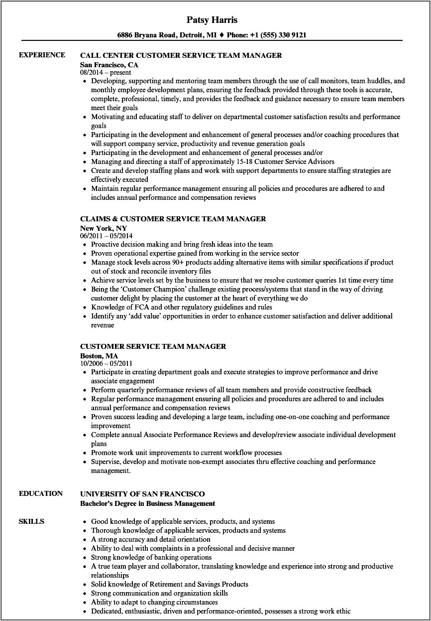 Customer Service Manager Responsibilities Resume