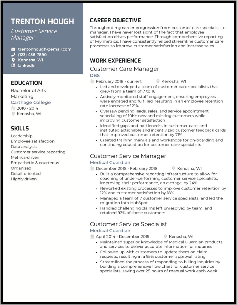 Customer Service Team Manager Resume