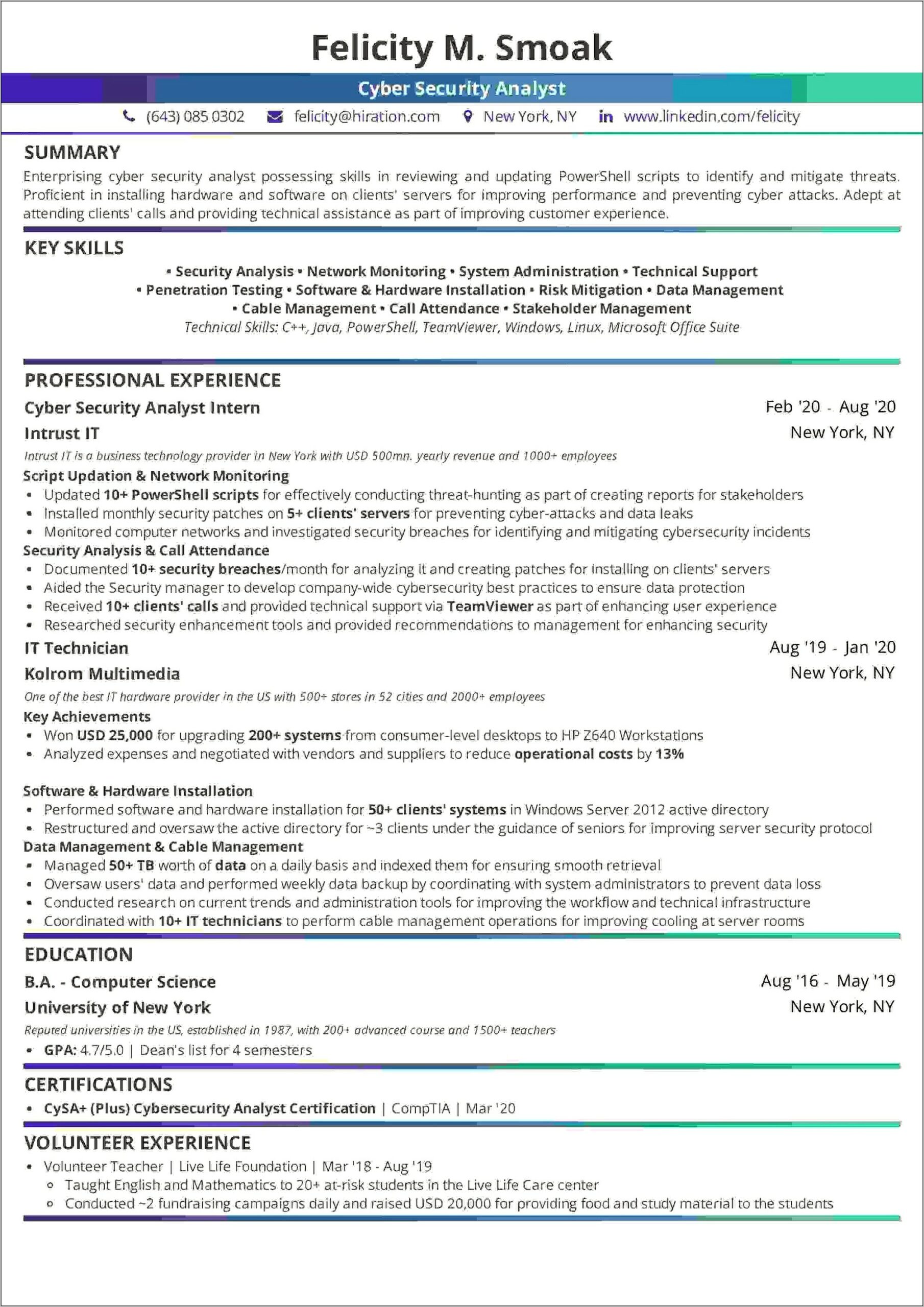 Cyber Security Analyst Resume Example
