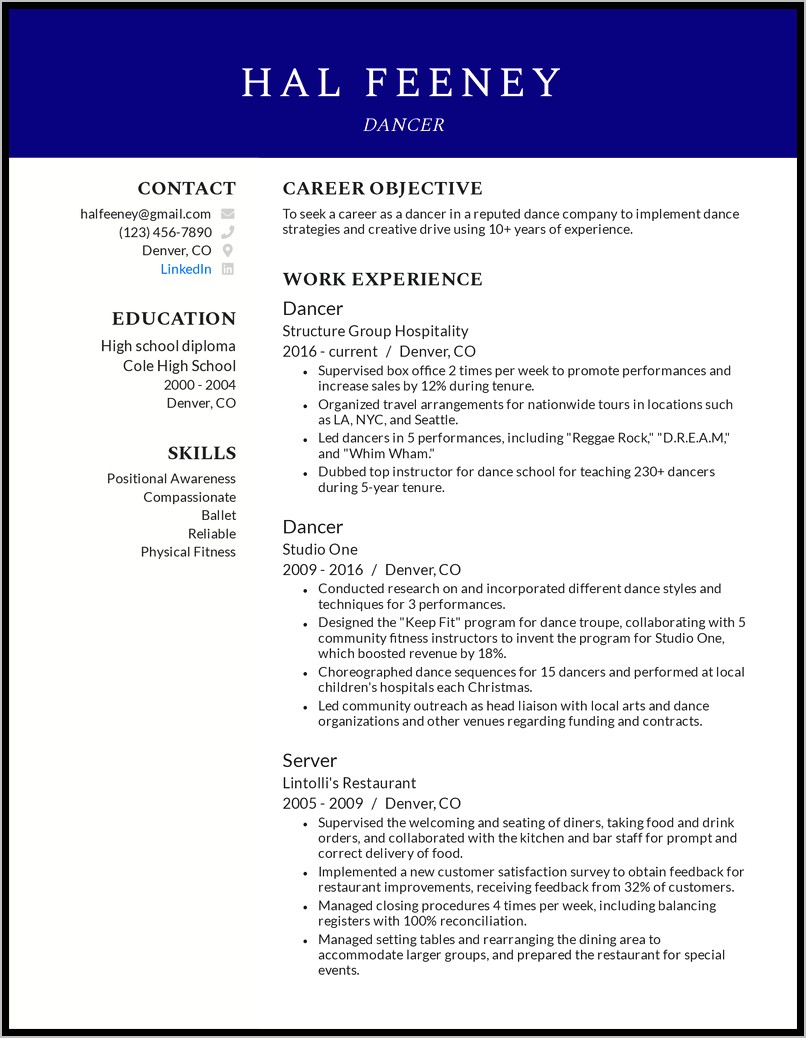 Dance Resume Samples For College