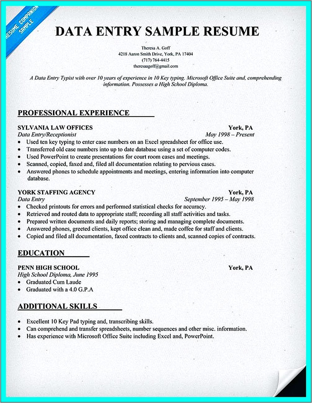 Data Entry Specialist Skill Resume