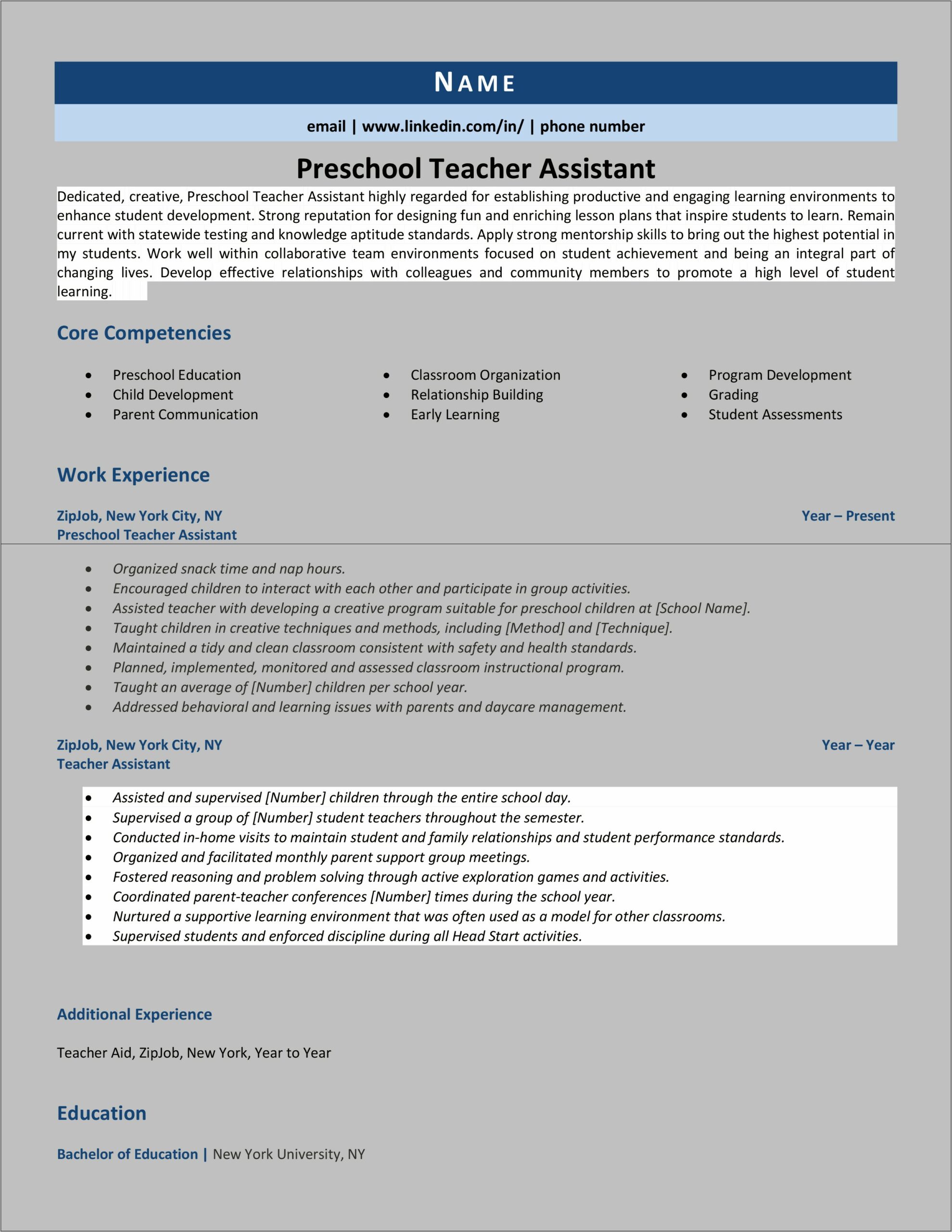Daycare Teacher Assistant Resume Skills