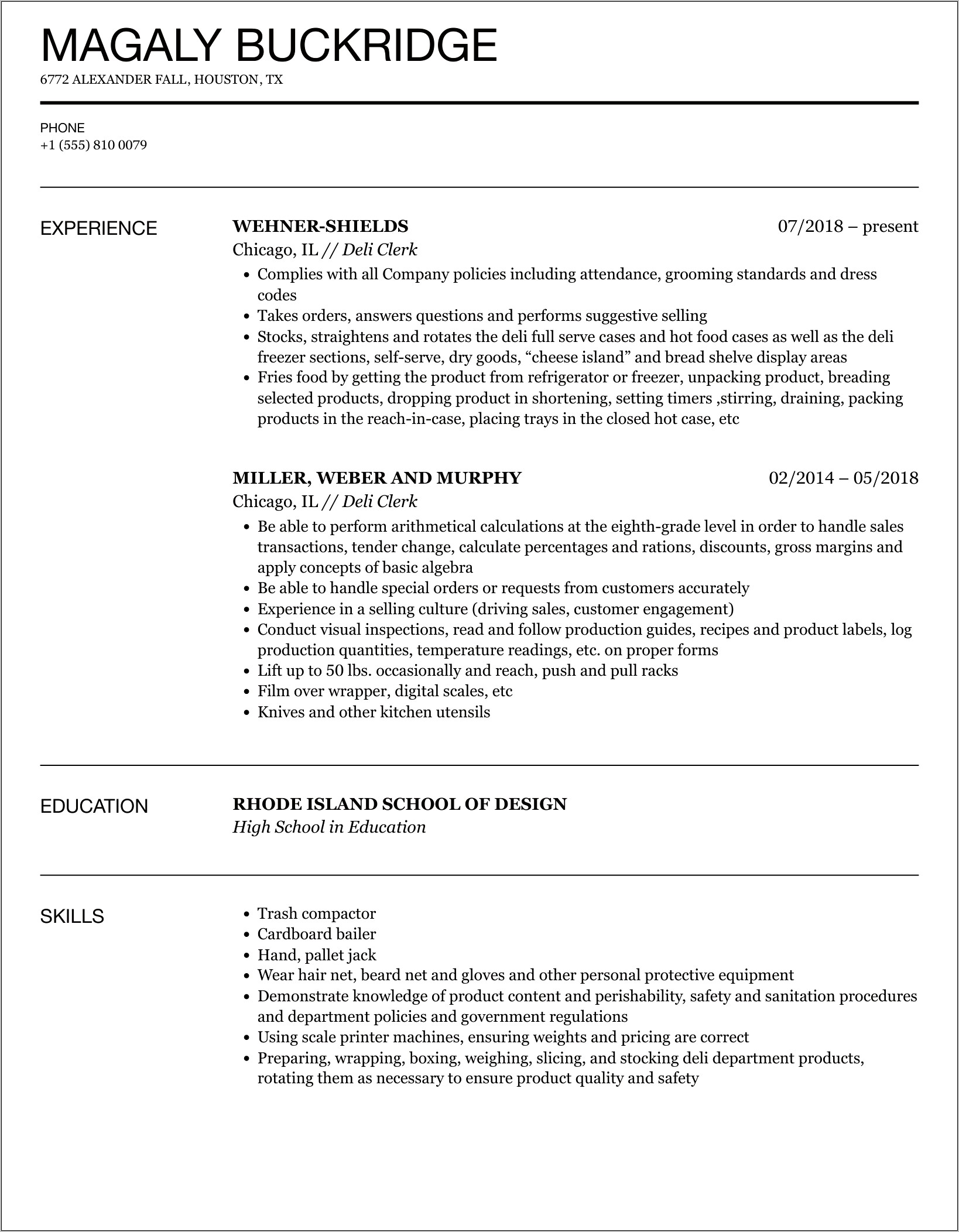 Deli Bakery Job Description Resume