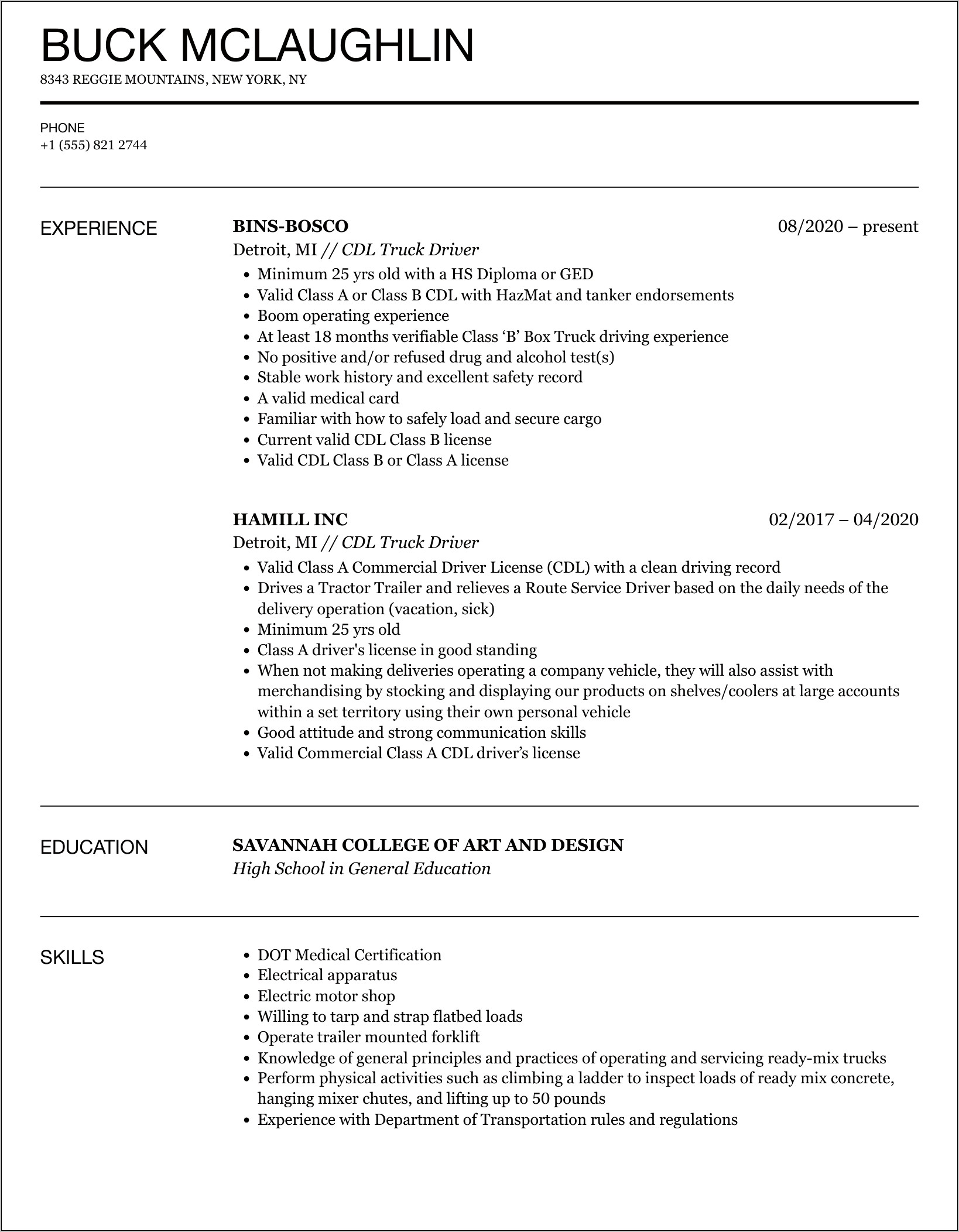 Delivery Truck Driver Resume Examples