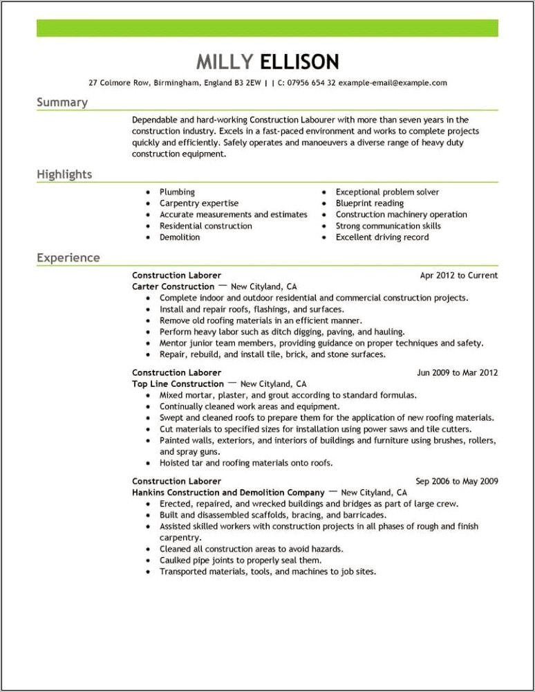 Demolition Worker Job Description Resume