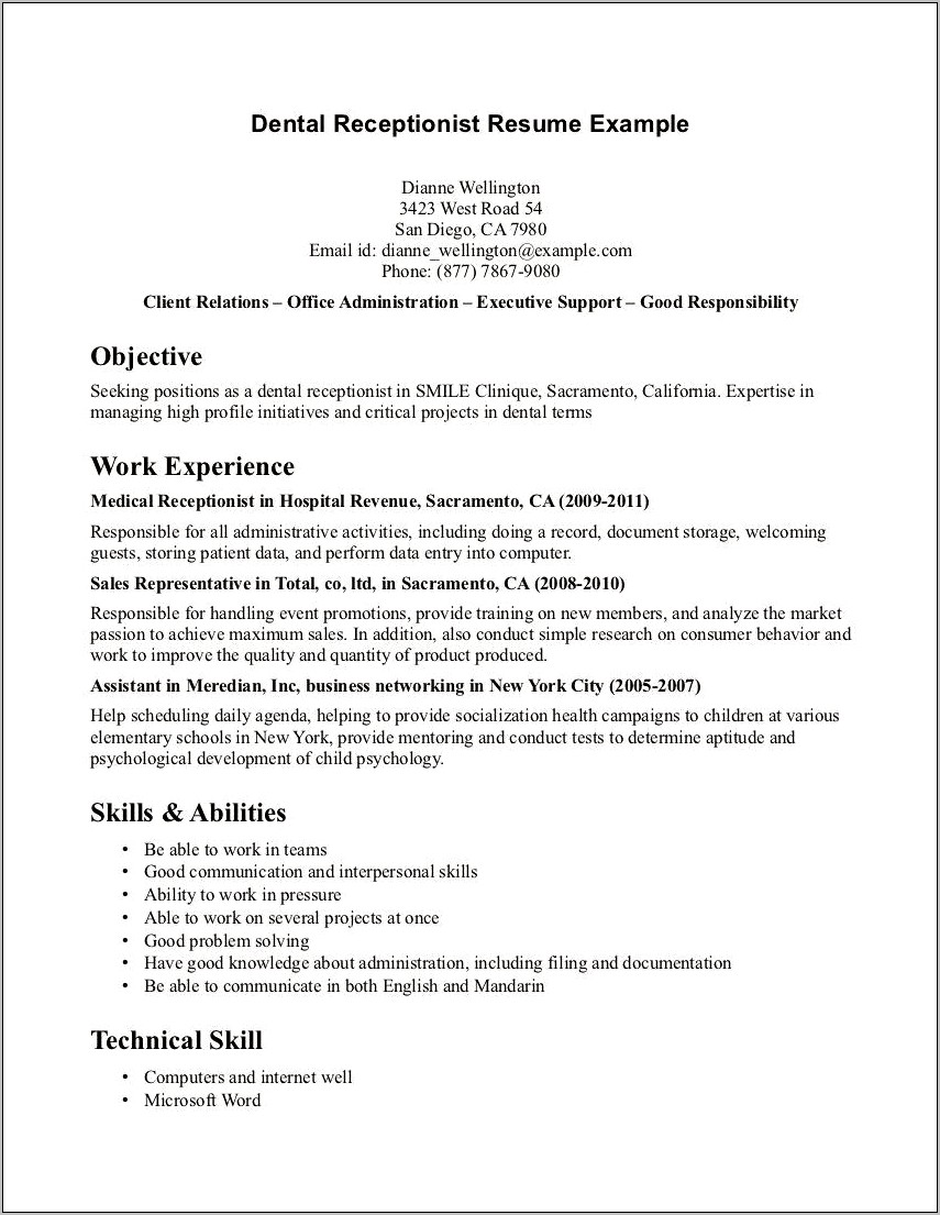 Dental Receptionist Job Description Resume