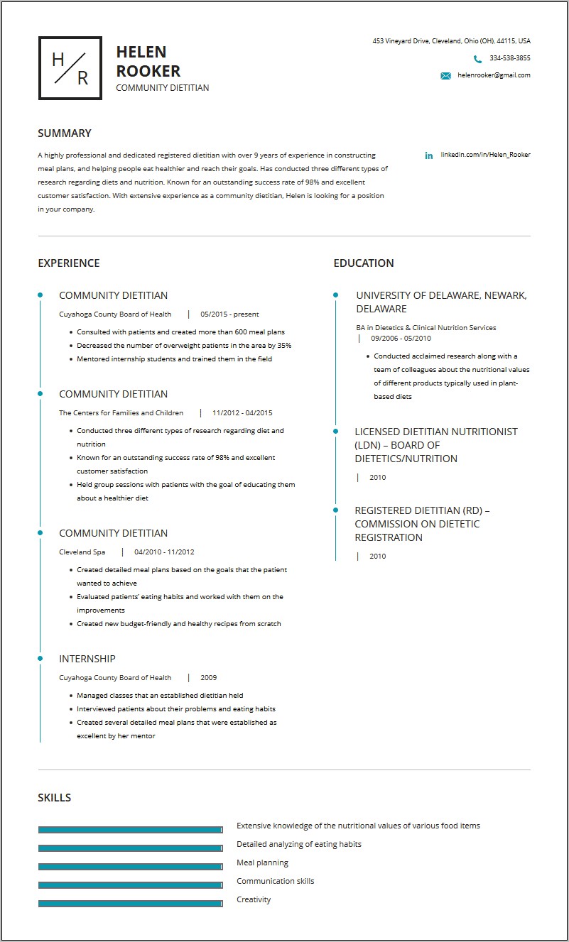 Dietitian Resume Skills Section Example