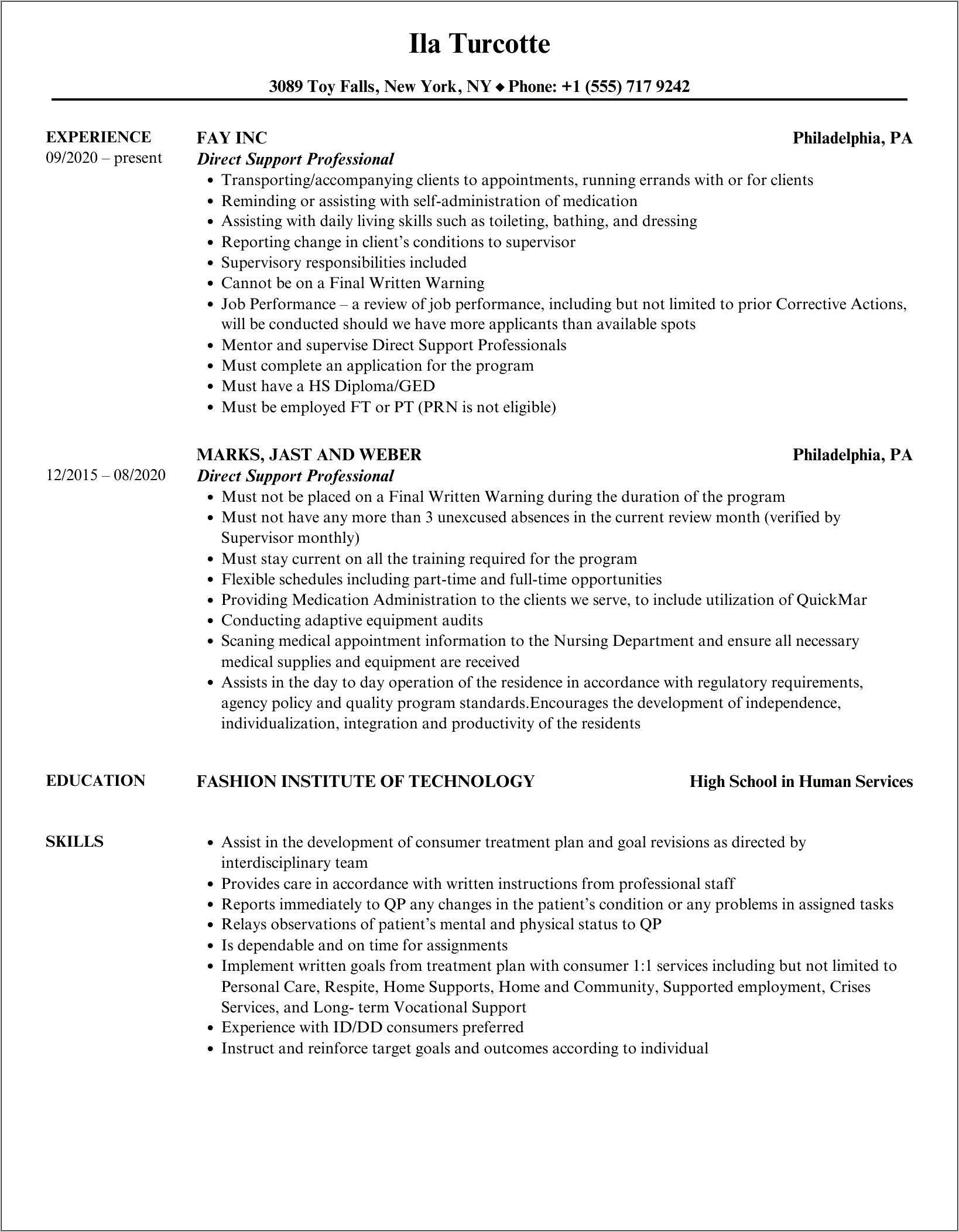 Direct Support Objective For Resume