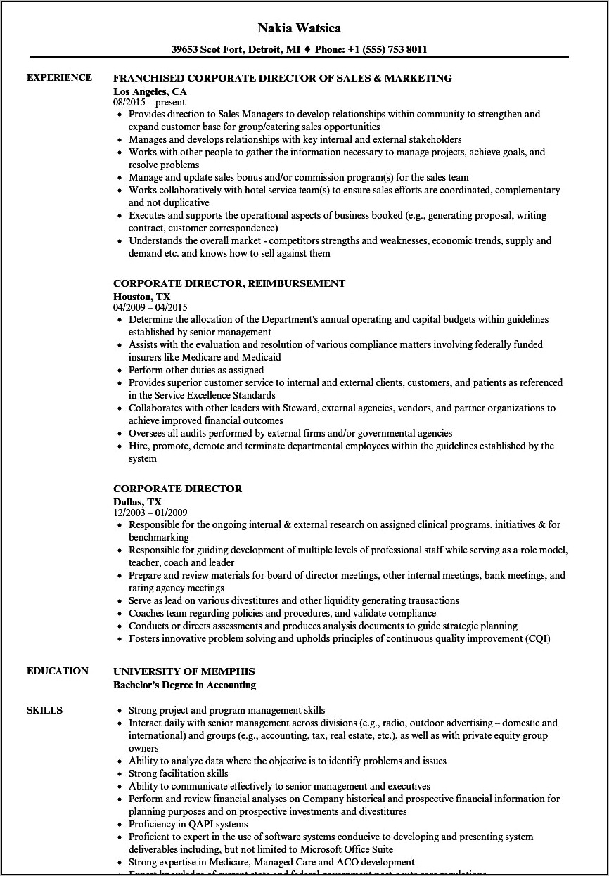Director Example Resume Company Culture
