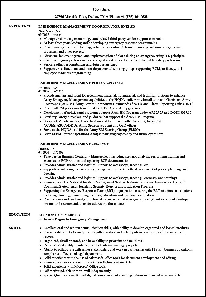 Disaster Recovery Specialist Resume Sample