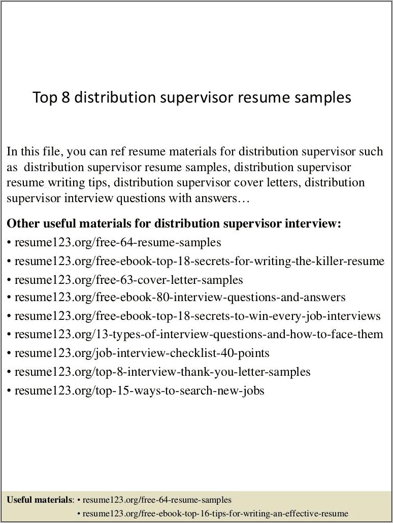 Distribution Supervisor Resume Objective Sample