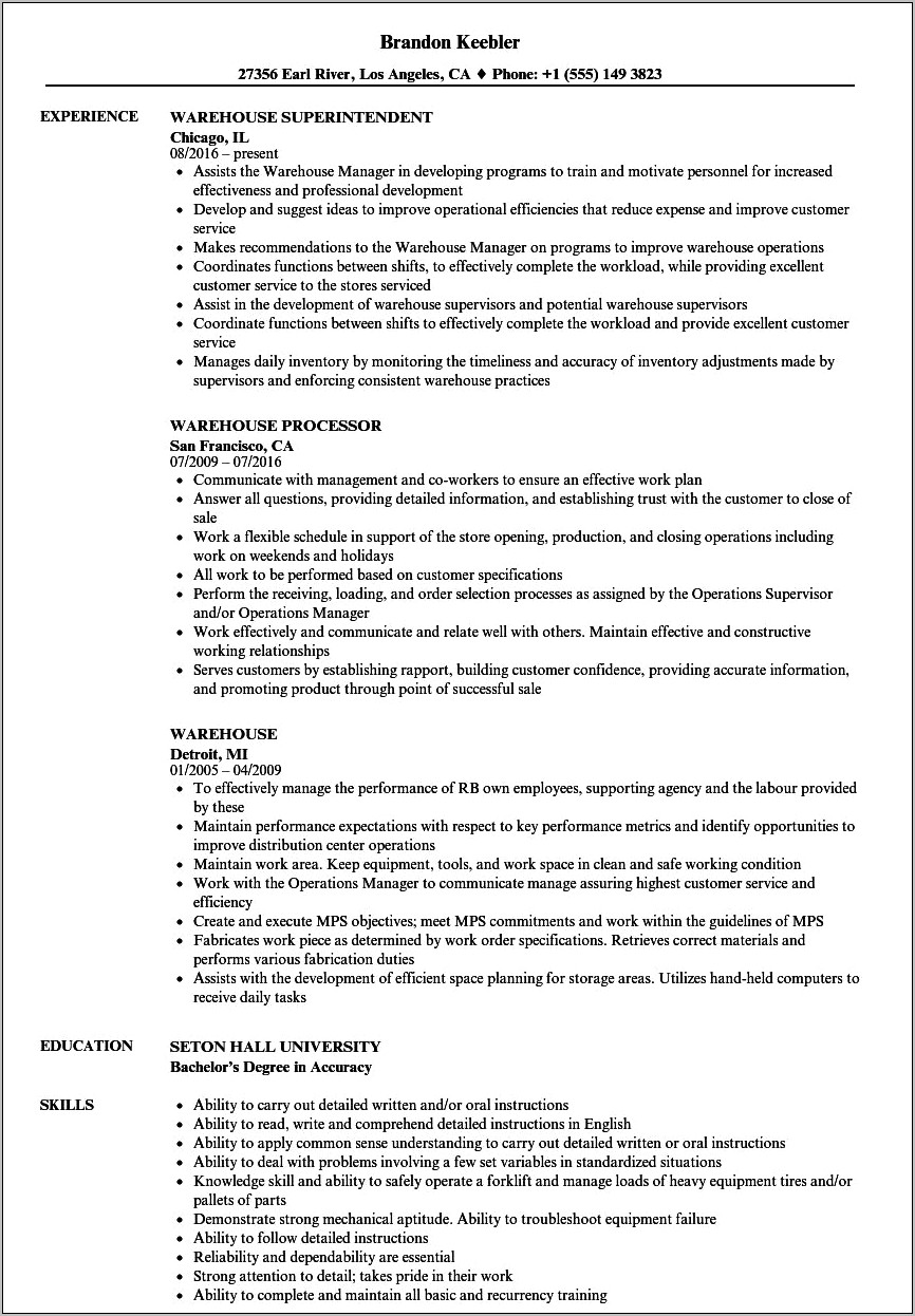 Dock Warehouse Objective For Resume