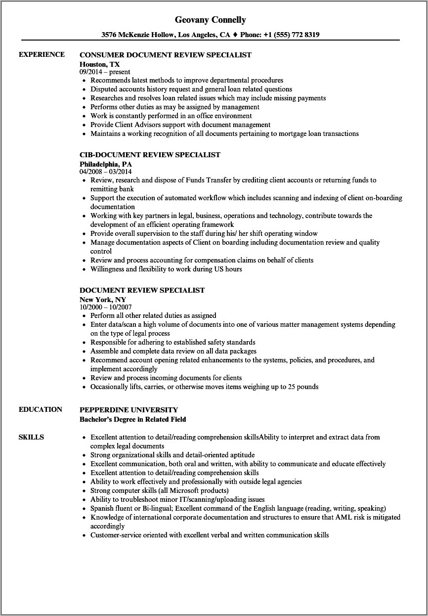 Document Review Job Description Resume