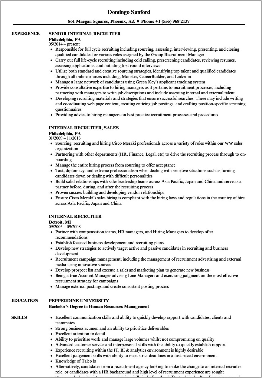 Domestic It Recruiter Sample Resume