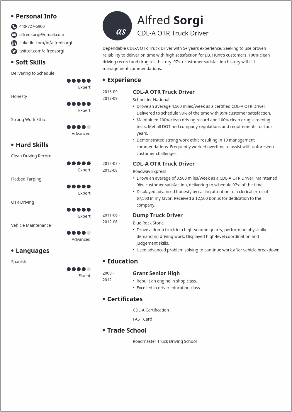 Driver Job Description Resume Examples