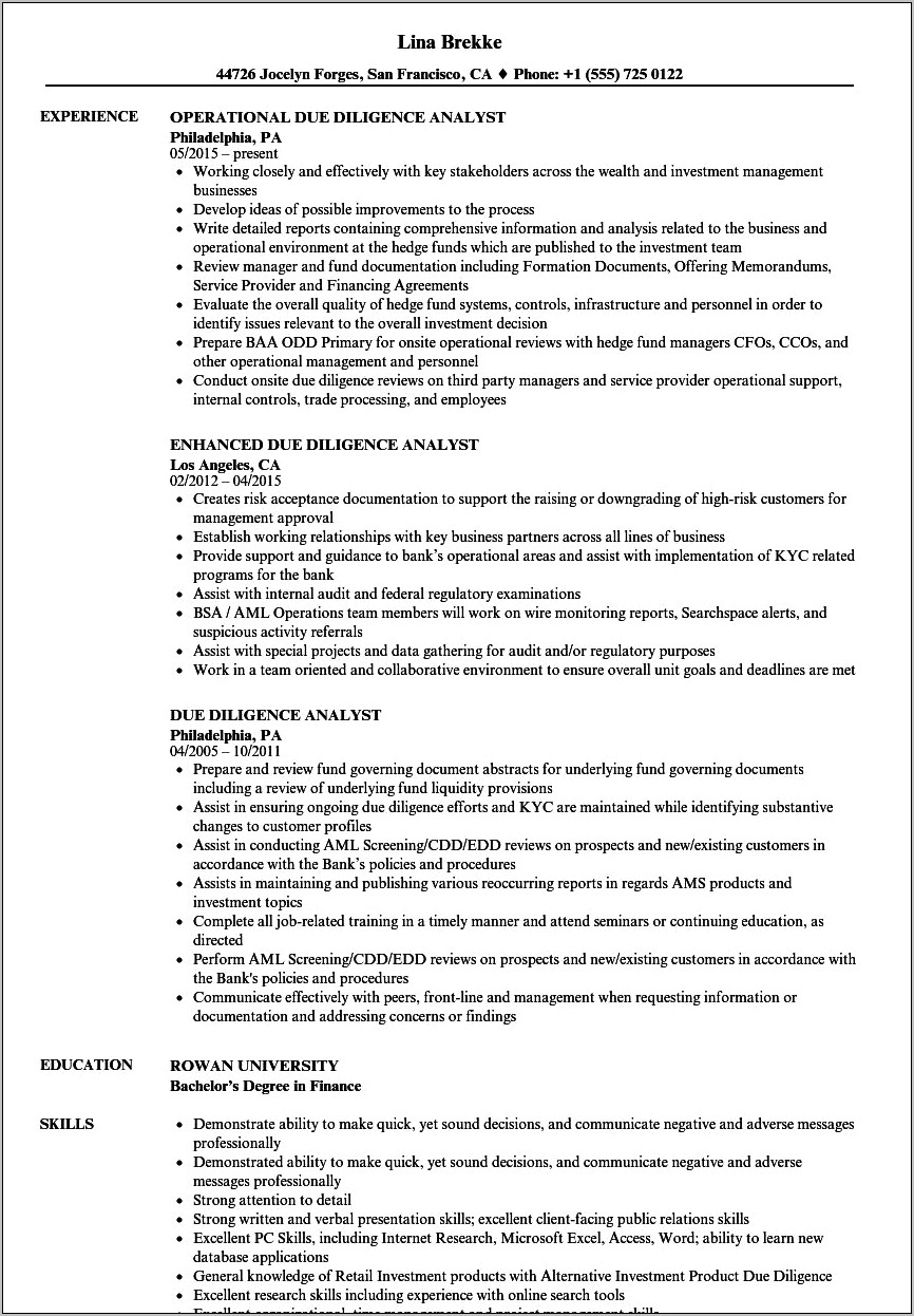 Due Diligence Analyst Resume Sample