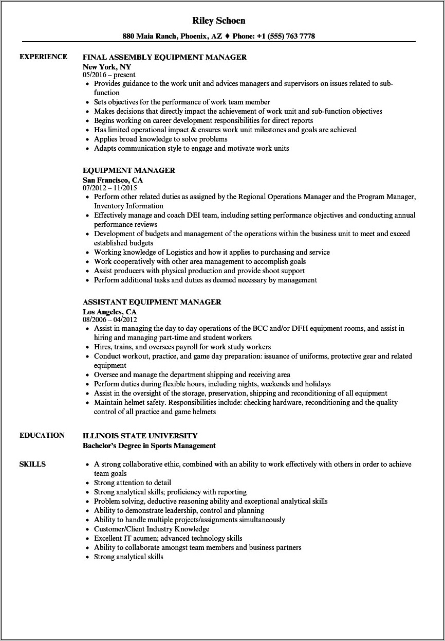 Durable Medical Equipment Manager Resume