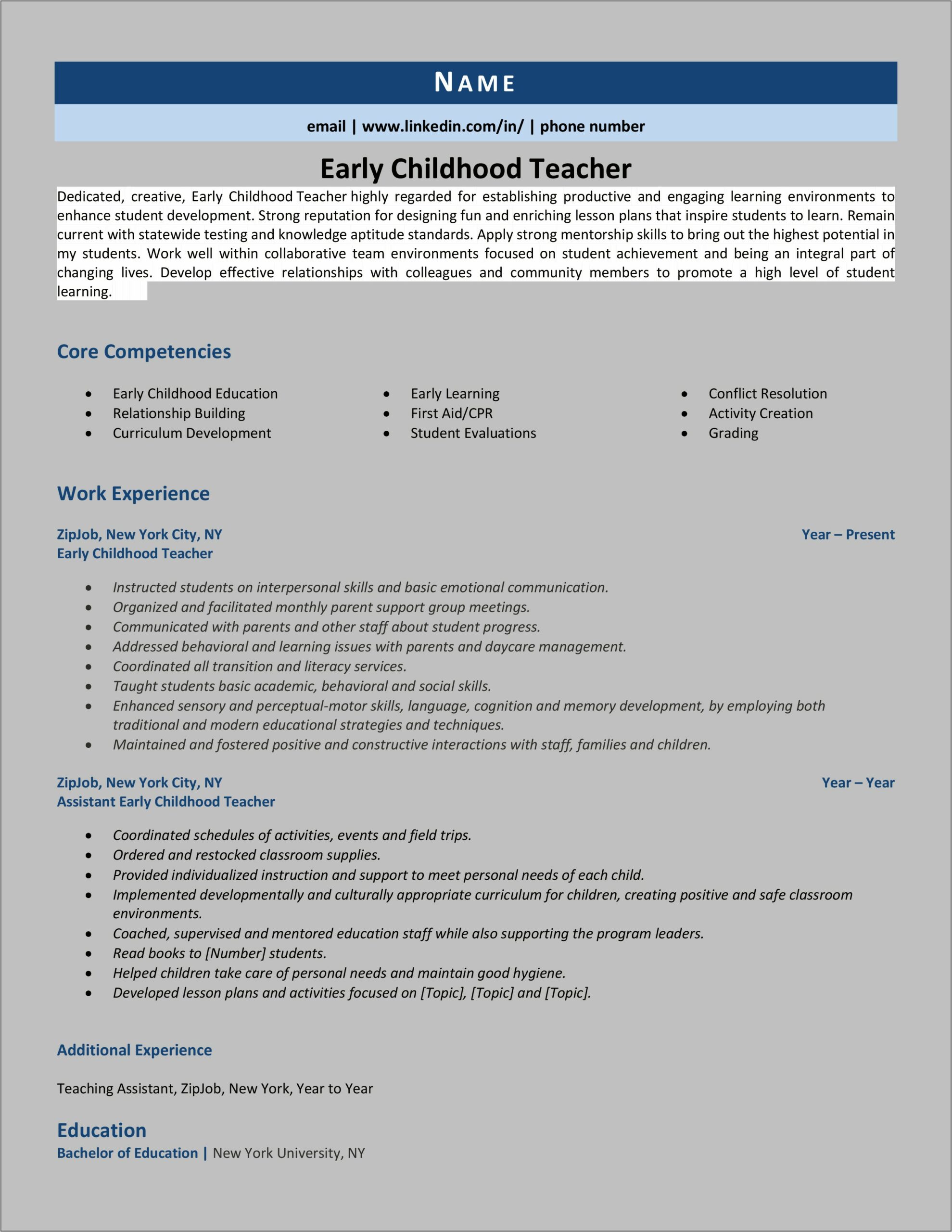 Early Child Care Resume Sample