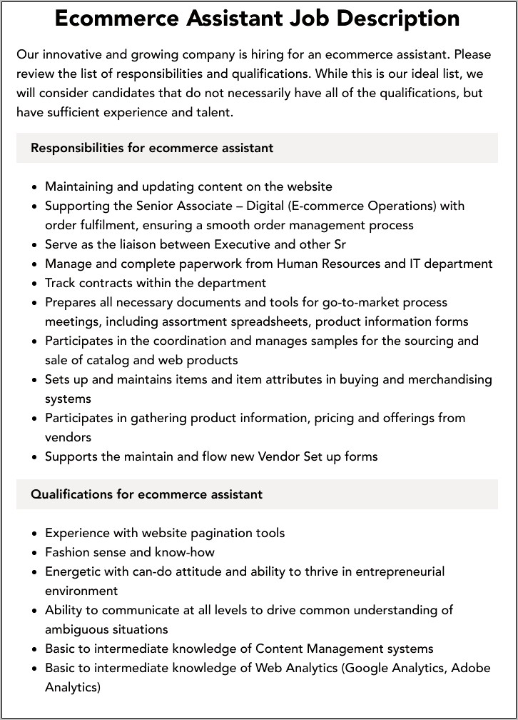 Ecommerce Assistant Job Description Resume