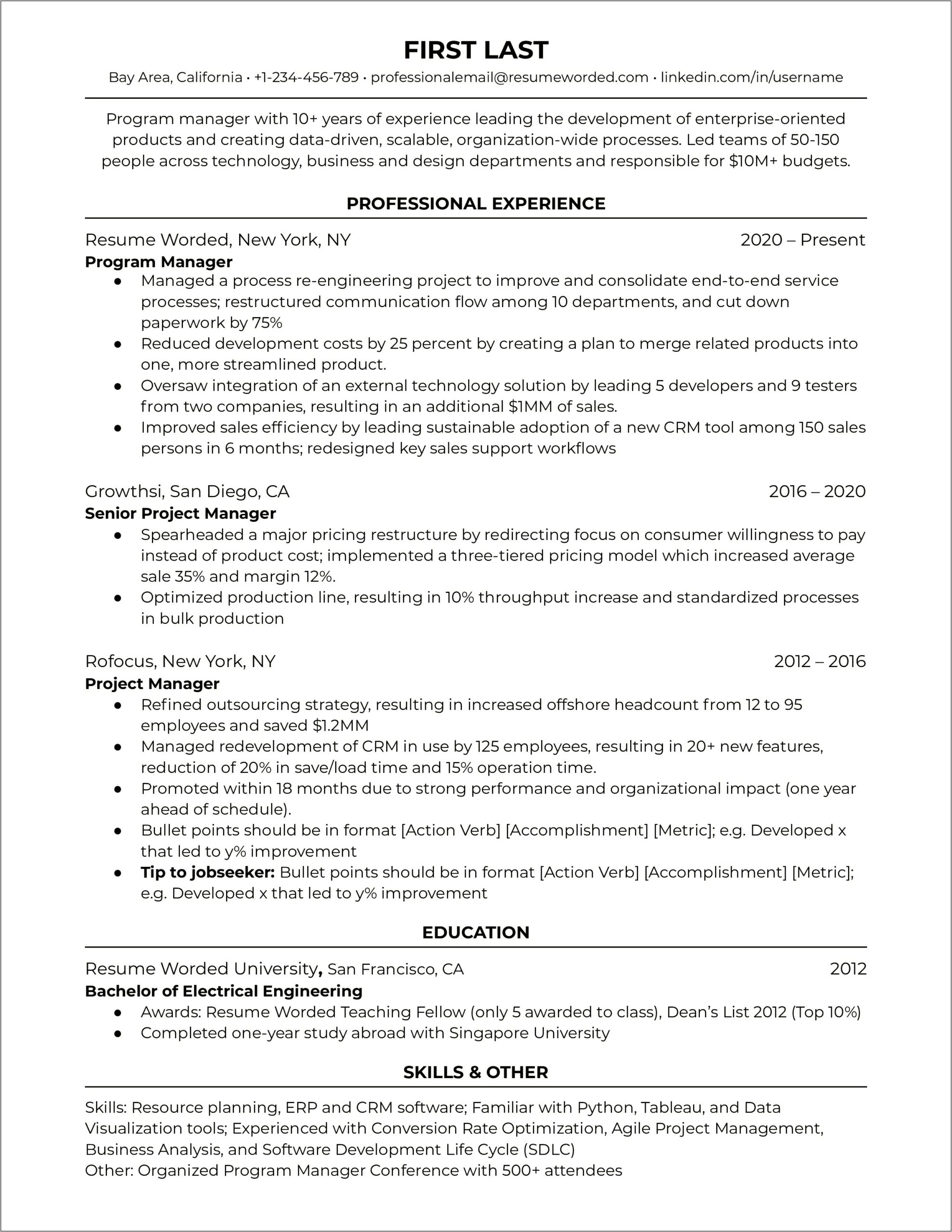 Electrical Construction Project Manager Resume