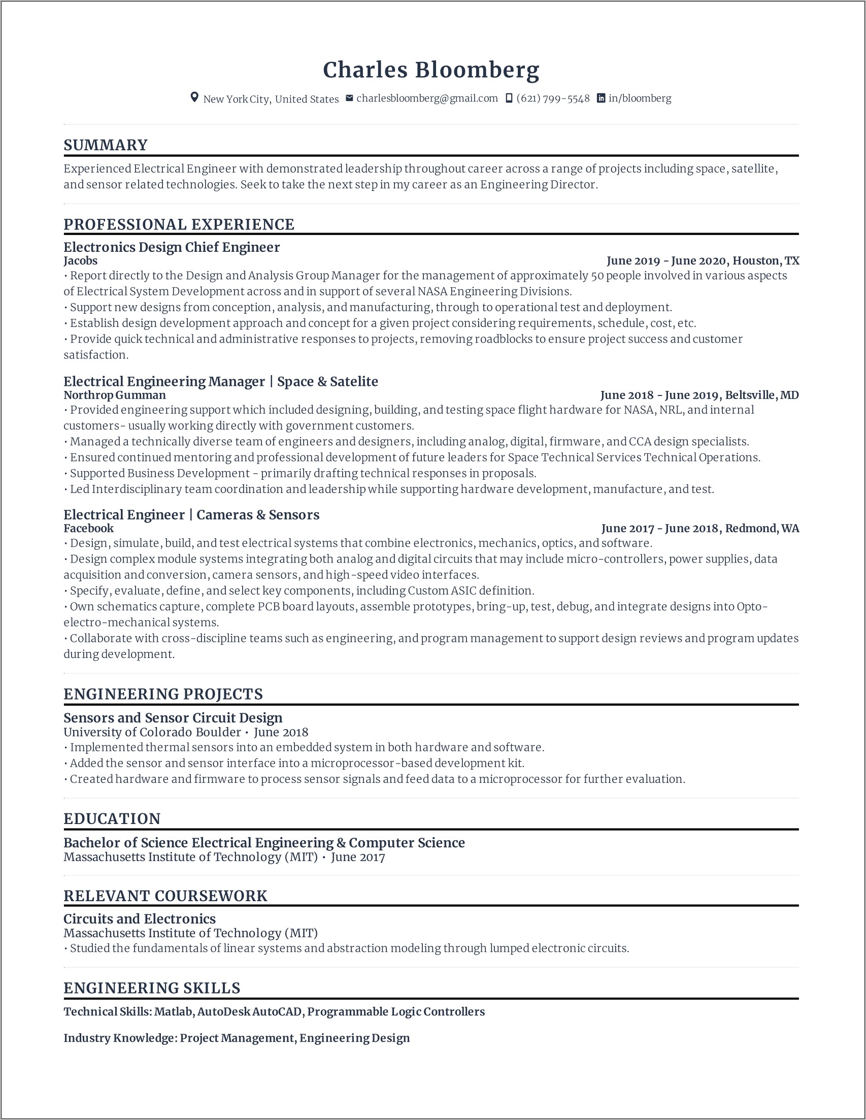 Electrical Project Manager Sample Resume