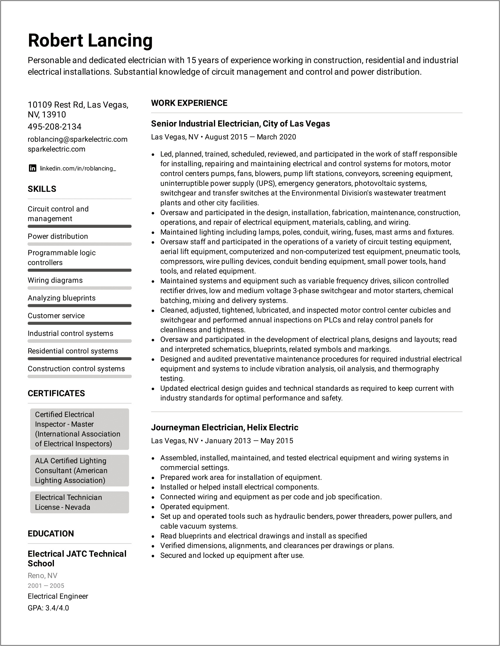 Electrical Technician Job Description Resume