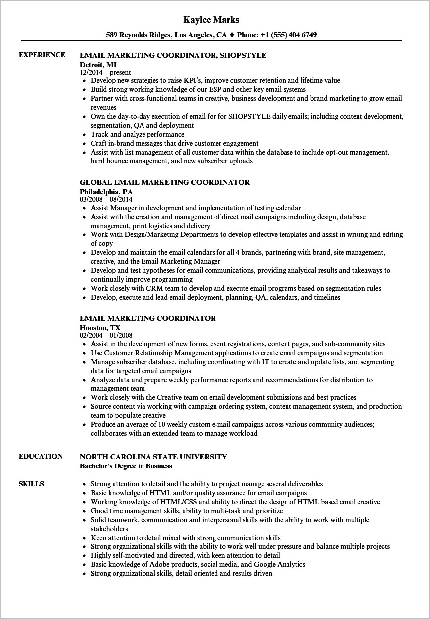 Email Marketing Specialist Sample Resume