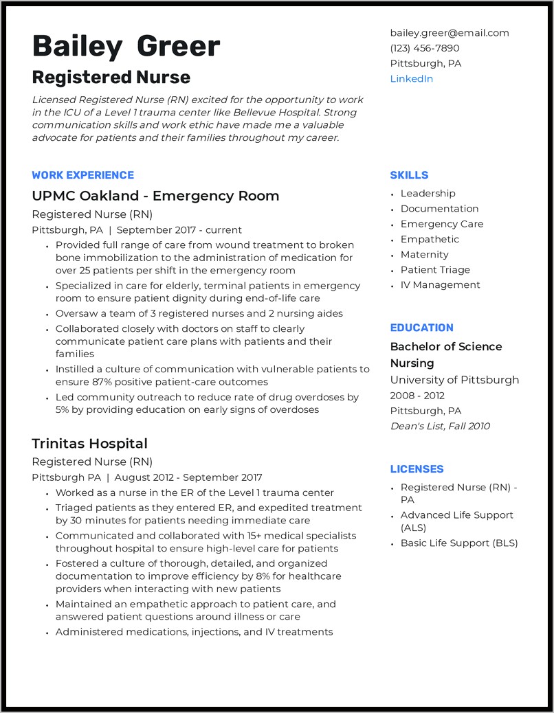 Emergency Department Nursing Skills Resume