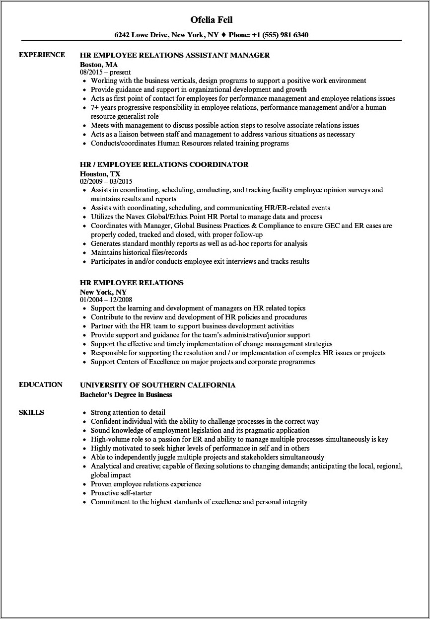 Employee Relations Manager Resume Sample