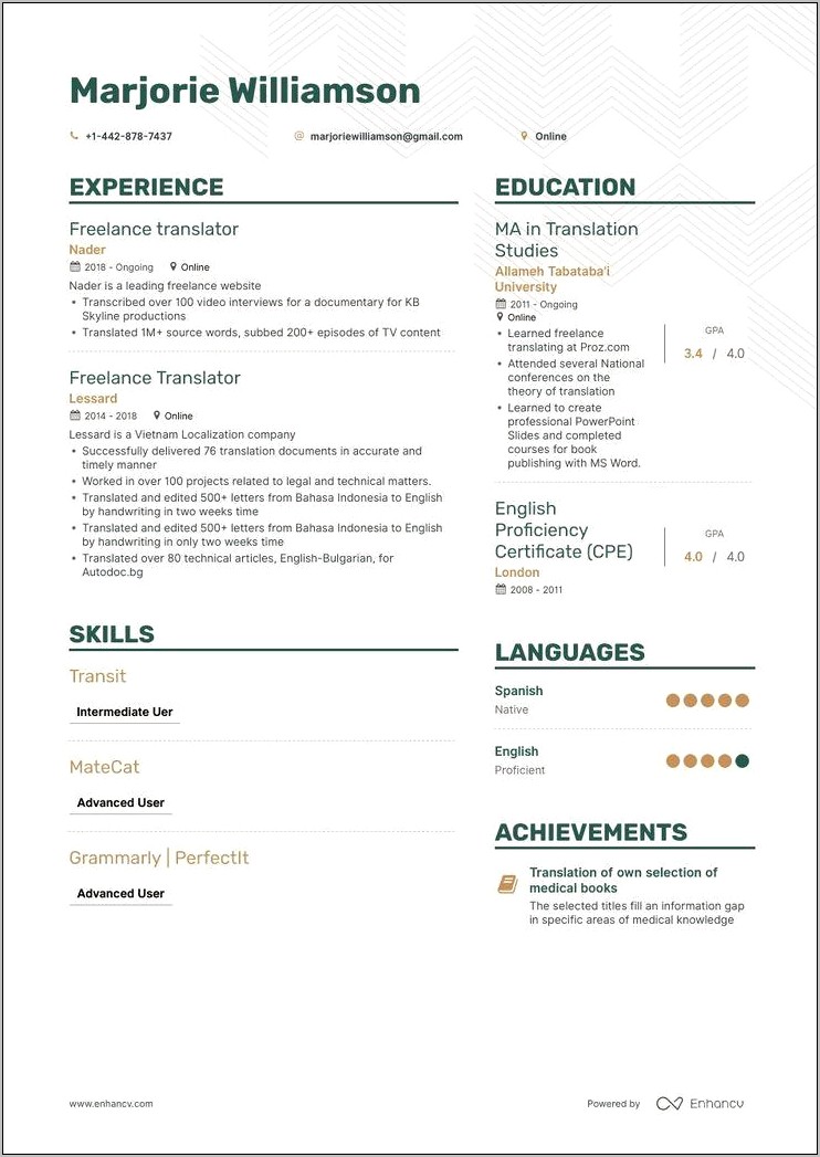 English Translator Job Description Resume