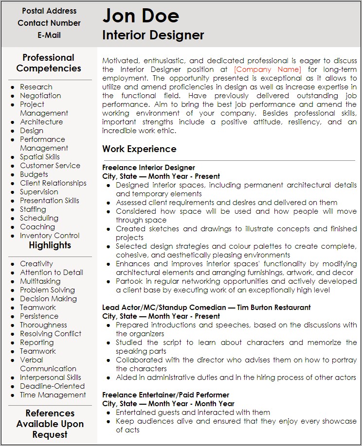 Entertainer Job Description For Resume