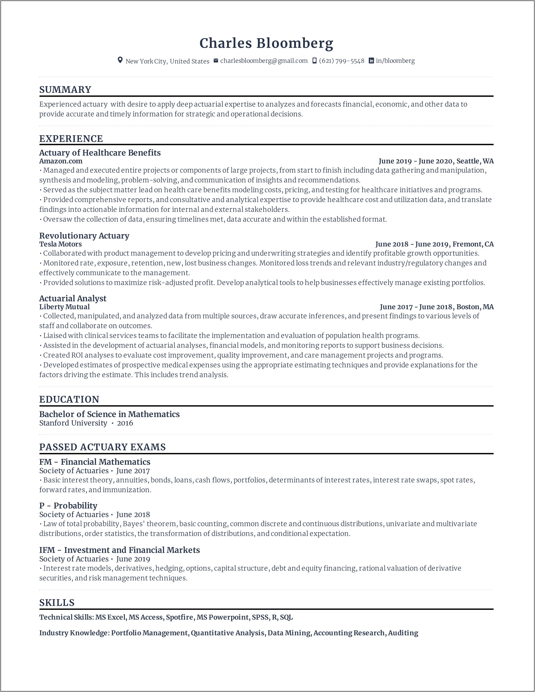 Entry Level Actuary Resume Objective