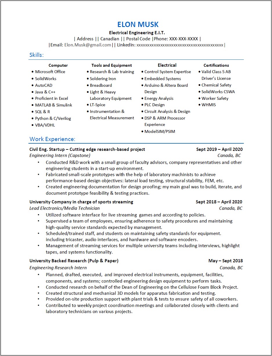 Entry Level Electrical Resume Samples