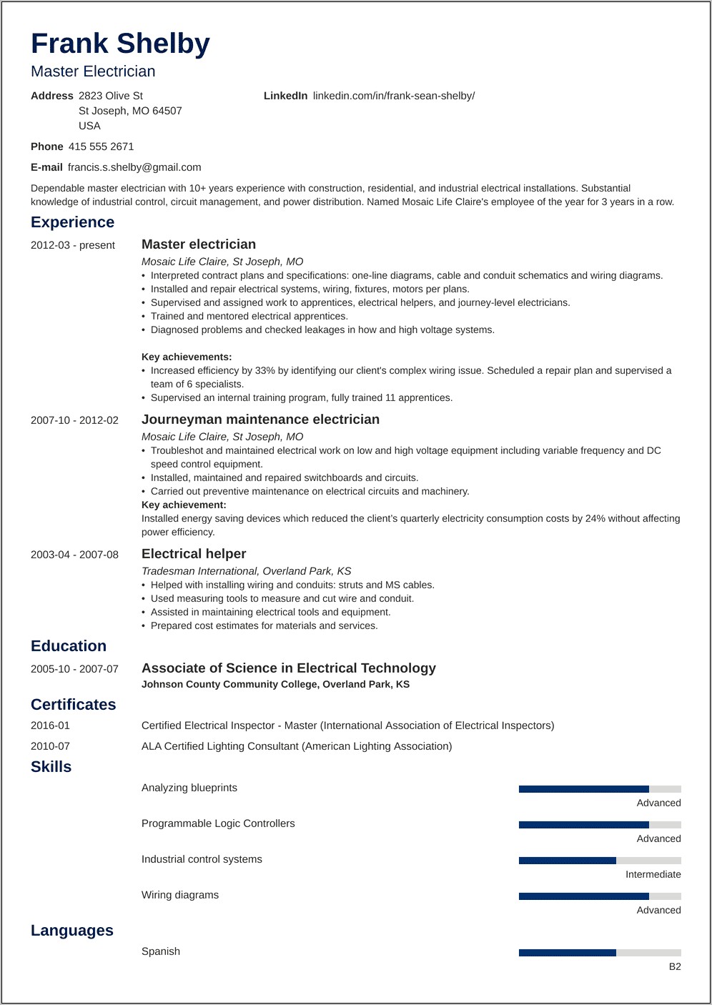 Entry Level Electrician Resume Sample