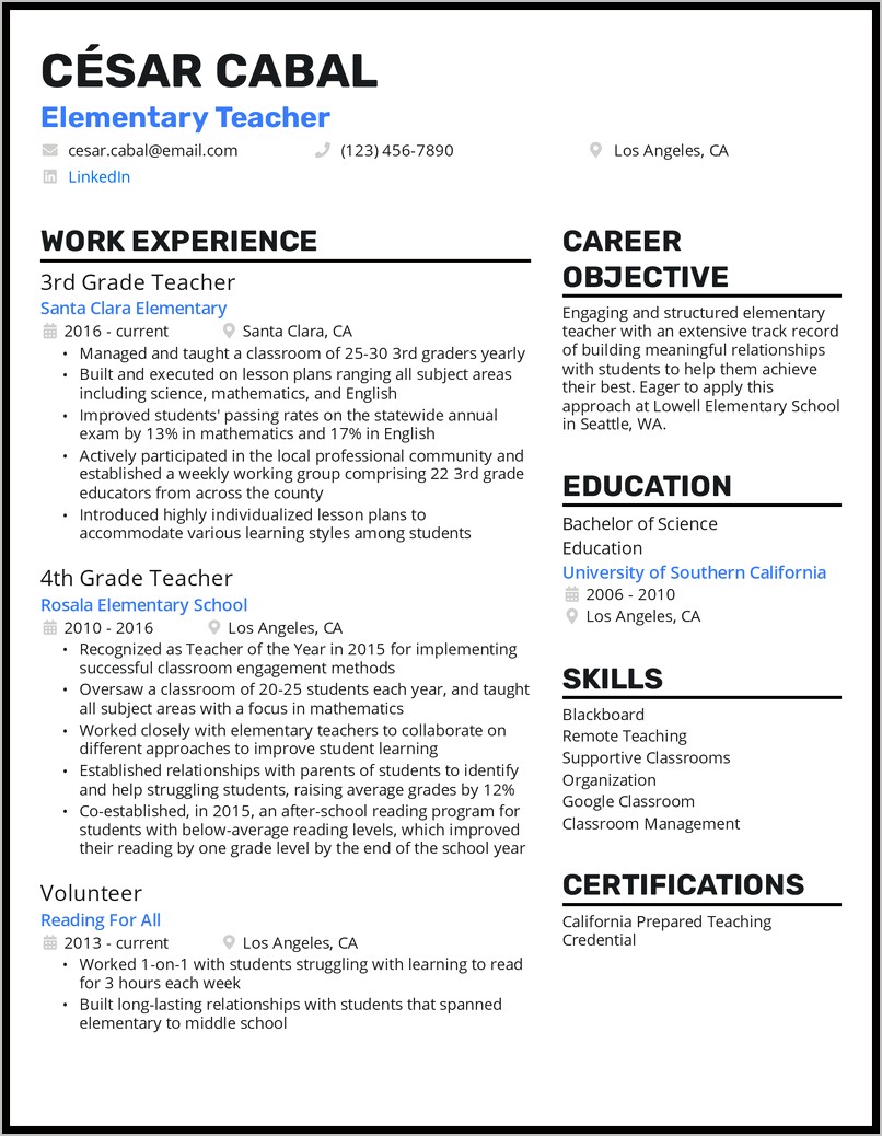 Entry Level Elementary Resume Objectives
